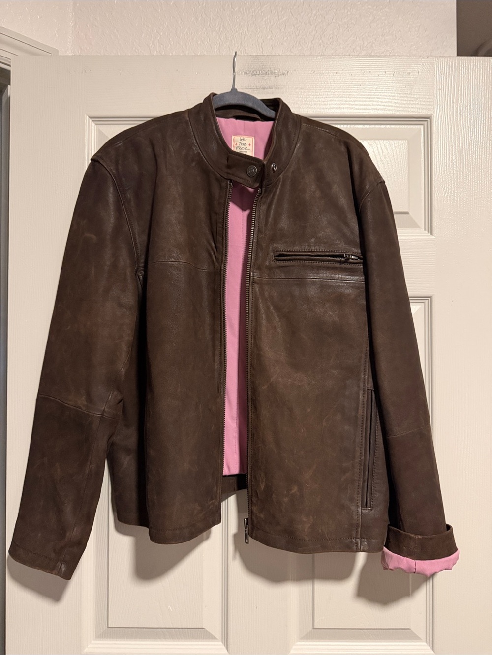 We The Free Women’s Brown Leather Moto Jacket with Pink Lining